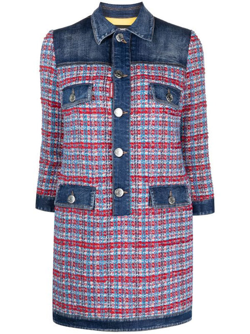 panelled tweed denim mini dress